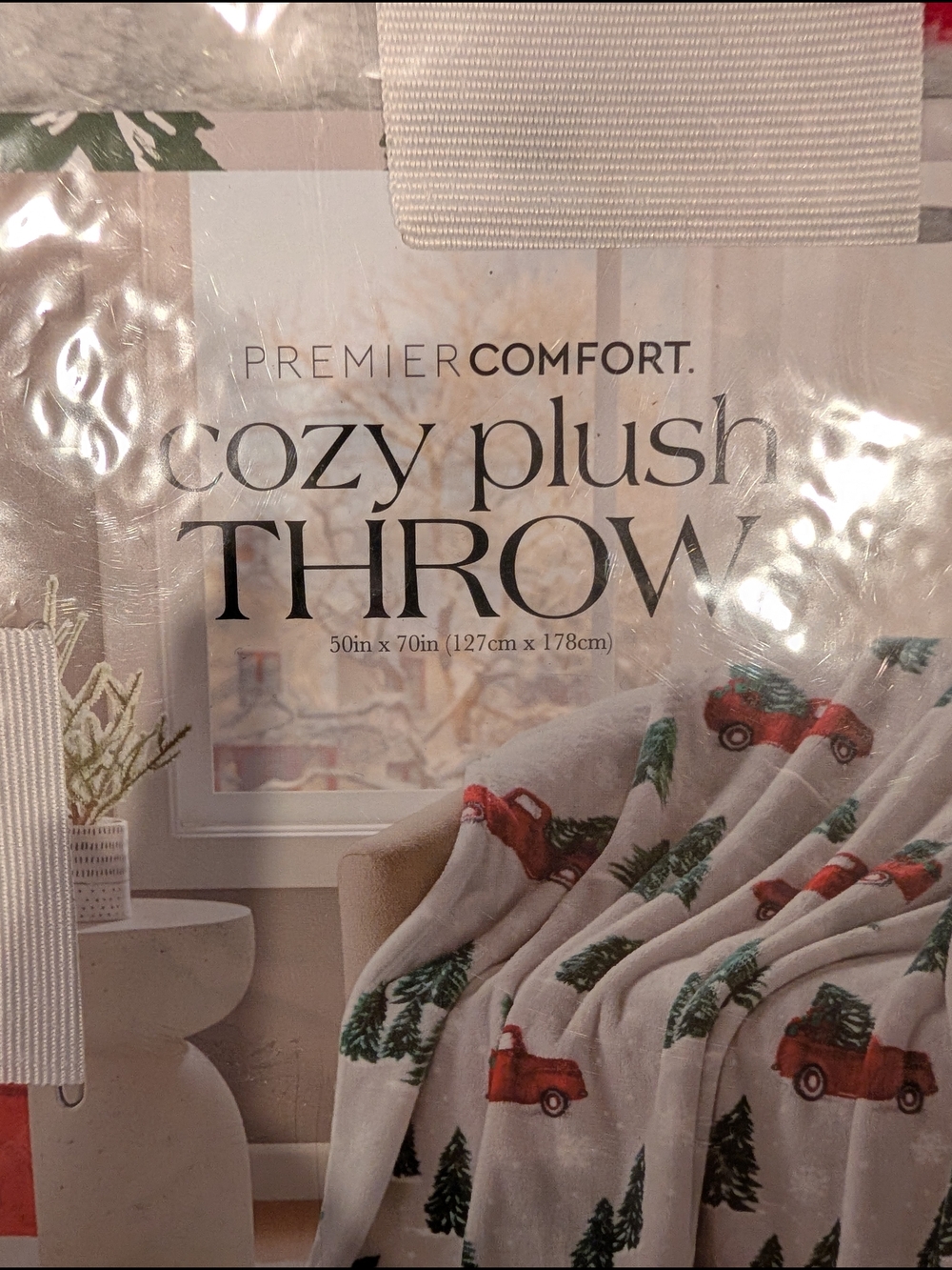 Cozy Plush Throw - White with Red Truck & Green Trees